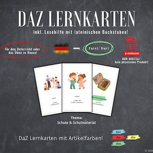 May include: Educational flashcards with illustrations and text in multiple languages. The cards feature images of children and objects, with text in German, Farsi, and Dari. The title "DAZ LERNKARTEN" is displayed at the top, with additional text and a download icon.