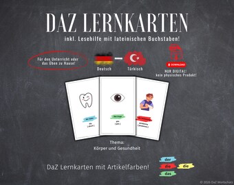 Może przedstawiać: Karty edukacyjne z tekstem niemieckim i tureckim, przedstawiające ilustracje zęba, oka i osoby. Karty są przeznaczone do nauki i zawierają tekst "DAZ LERNKARTEN" i "Körper und Gesundheit".