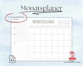 Może przedstawiać: Biały szablon planera miesięcznego z czarnym tekstem i liniami siatki. Nagłówek brzmi MONATSPLANER, a po nim następują dni tygodnia w języku niemieckim. Po lewej stronie znajdują się sekcje na zadania i notatki. Widoczne są ikony A3 oraz PDF.