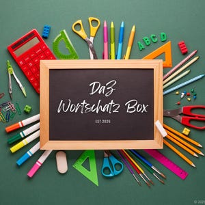 May include: A collection of school supplies arranged on a green surface. A wooden-framed chalkboard with the text "Da3 Wortschatz Box" is surrounded by pencils, pens, scissors, a calculator, and other stationery items. The text "EST 2026" is also visible.