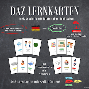 May include: Educational flashcards with illustrations and German text, including the words "DAZ LERNKARTEN" and "XXL Sprachenpaket." The cards are designed for language learning, with a focus on vocabulary and grammar.