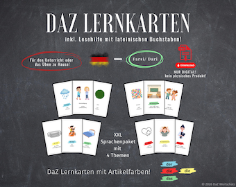 Może przedstawiać: Karty edukacyjne z ilustracjami i tekstem niemieckim, zawierające słowa "DAZ LERNKARTEN" i "XXL Sprachenpaket". Karty są przeznaczone do nauki języków, ze szczególnym uwzględnieniem słownictwa i gramatyki.