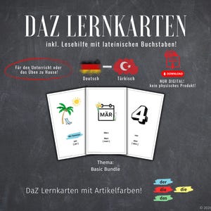 Materiales básicos para el aprendizaje del alemán como segunda lengua (DaZ) (alemán-turco) | Tarjetas didácticas para clases de bienvenida (jardín de infancia) | Tarjetas con imágenes para números y colores | Desarrollo del lenguaje Montessori (PDF)