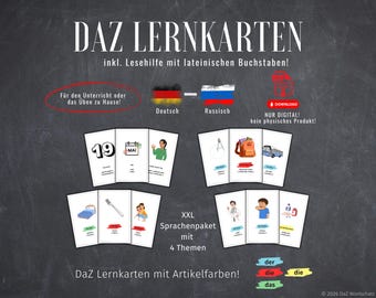 Może przedstawiać: Karty edukacyjne do nauki języka niemieckiego i rosyjskiego. Karty zawierają ilustracje i tekst, z napisem "DAZ LERNKARTEN" na górze. Zawiera tekst "Für den Unterricht oder das Üben zu Hause!"