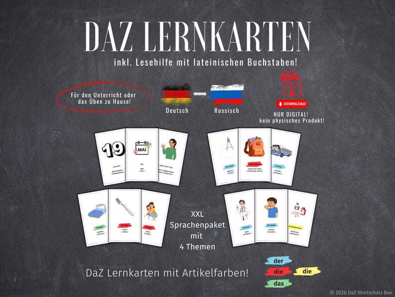 May include: Educational flashcards with German and Russian language learning themes. The cards feature illustrations and text, with the words "DAZ LERNKARTEN" at the top. Includes the text "F&uuml;r den Unterricht oder das &Uuml;ben zu Hause!"