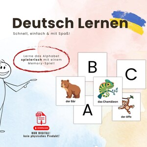 May include: A digital educational poster titled Deutsch Lernen with a stick figure illustration. It features alphabet cards with a bear labeled der Bär, a chameleon labeled das Chamäleon, and a monkey labeled der Affe. Includes a PDF download icon.