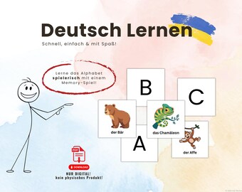 Może przedstawiać: Cyfrowy plakat edukacyjny zatytułowany Deutsch Lernen z ilustracją ludzika z kresek. Zawiera karty alfabetu z niedźwiedziem opisanym jako der Bär, kameleonem das Chamäleon i małpą der Affe. Zawiera ikonę pobierania pliku PDF.