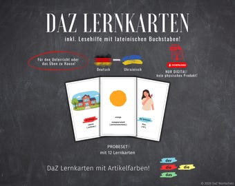 Może przedstawiać: Karty edukacyjne zatytułowane DAZ LERNKARTEN z niemieckim i ukraińskim słownictwem. Karty przedstawiają ilustracje szkoły, pomarańczy i osoby odczuwającej ból, z tekstem w języku niemieckim i ukraińskim oraz kolorowymi rodzajnikami.