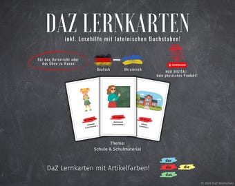 Może przedstawiać: Karty edukacyjne z ilustracjami i tekstem niemieckim, w tym słowa "Schule" i "Lehrerin". Karty są przeznaczone do nauki, z tekstem "DAZ LERNKARTEN" na górze. Tematem jest szkoła i materiały szkolne.