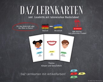 Może przedstawiać: Karty edukacyjne z tekstem niemieckim i ukraińskim, z ilustracjami części ciała. Obraz zawiera tekst "DAZ Lernkarten" i "Für den Unterricht oder das Üben zu Hause!". Zaprojektowane do celów edukacyjnych.