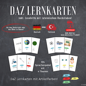 Pode incluir: Anúncio de DaZ Lernkarten, flashcards digitais para aprendizagem de idiomas. A imagem mostra flashcards com ilustrações e texto em alemão e turco. O texto inclui "XXL Sprachenpaket mit 4 Themen" e "Nur Digital! kein physisches Produkt!"
