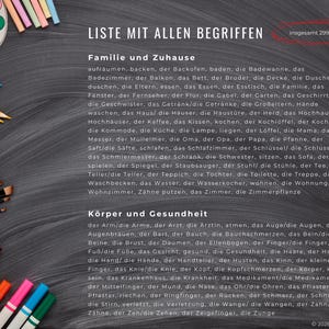 May include: A chalkboard-style educational chart with German vocabulary lists, including words related to family, home, and health. Colorful art supplies like paint, brushes, and markers are arranged around the text.