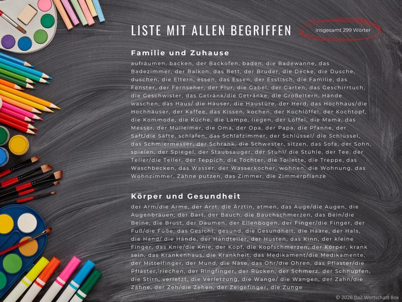 May include: A chalkboard-style educational chart with German vocabulary lists, including words related to family, home, and health. Colorful art supplies like paint, brushes, and markers are arranged around the text.