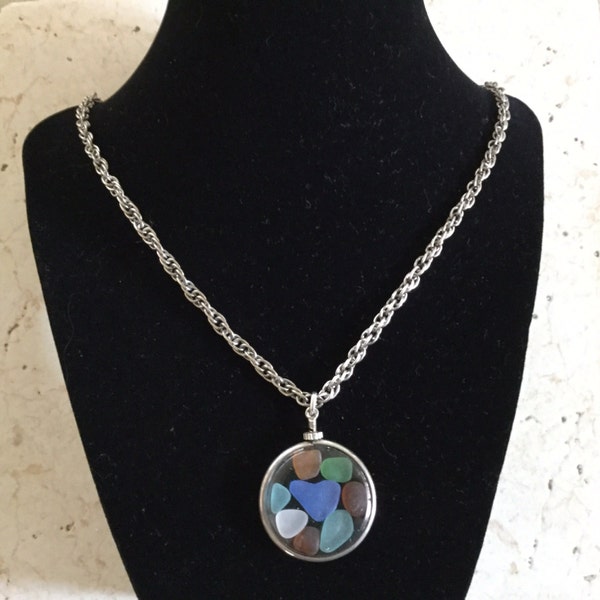 Half Price Sale. Lovely Locket of Colored Sea Glass with a Blue Sea Glass Heart and Chain