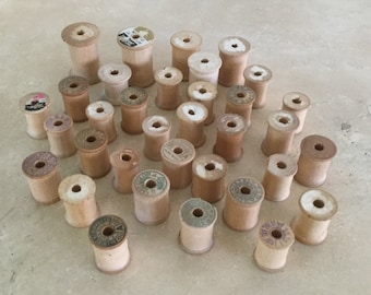 Mixed Set of 34 Vintage Wood Spool / Bobbins / Wooden Sewing Spools / Crafts