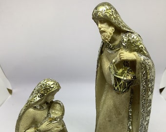 Holy Family Figures, Mary with Baby Jesus and Joseph Figurines, Tree Tops Glisten Silver and Gold / Christmas Decoration / Religious