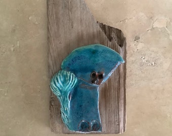 Funky Ceramic Blue Cat on Barn Wood Wall Art / Home Decor