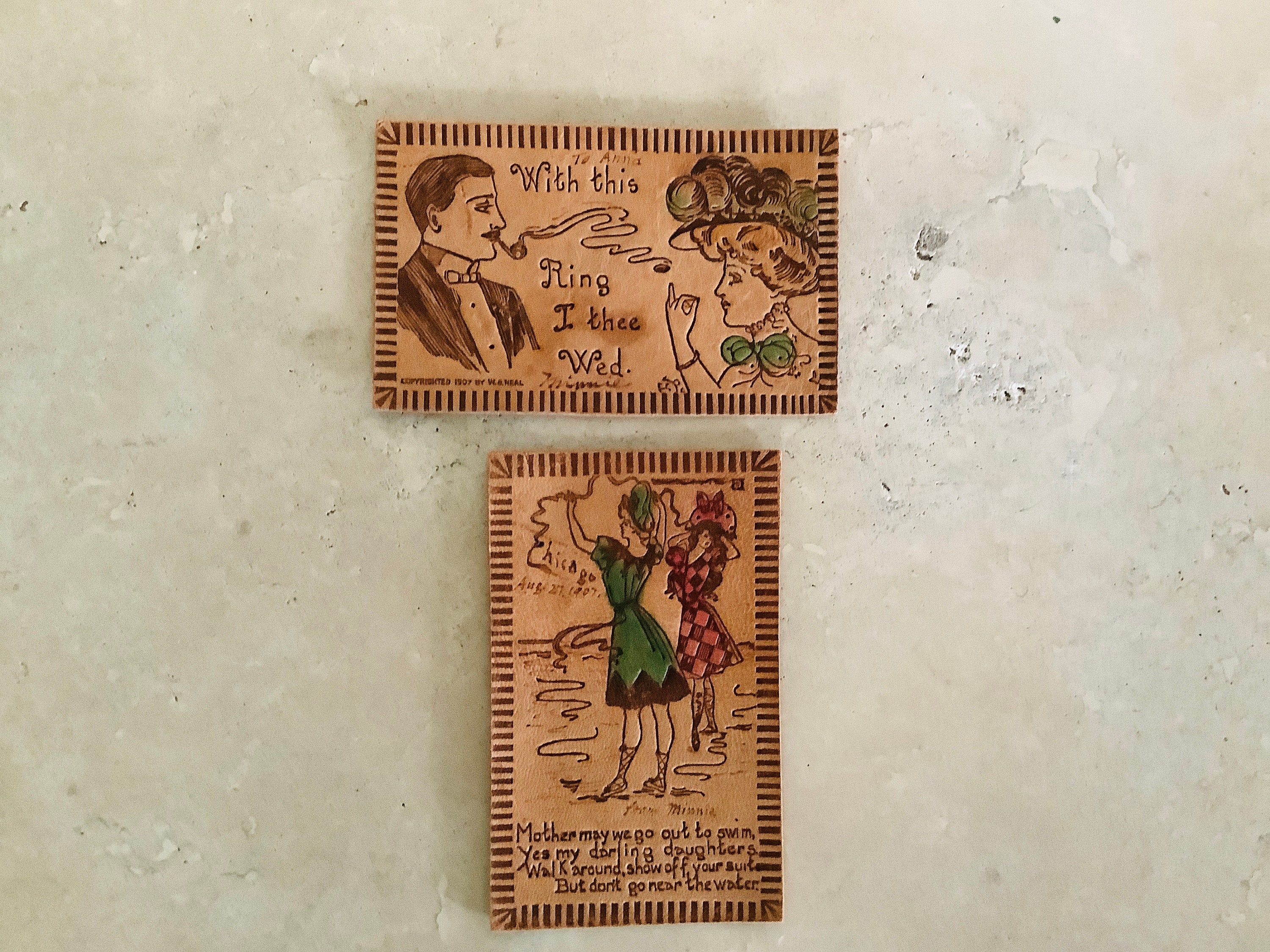 Vintage Stamped Leather Postcard From 1907, Priced Individually