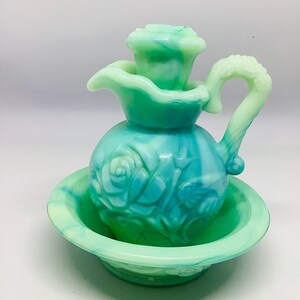 Vintage Avon Blue Roses Milk Glass Perfume Pitcher Set, 1970s