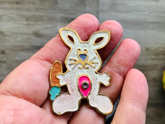 White Glitter Rabbit Easter Pin, Easter Bunny Bro… - image 1
