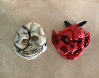 Lot of 2 Rubber Halloween Scary Masks, One Red Devil, One Skull