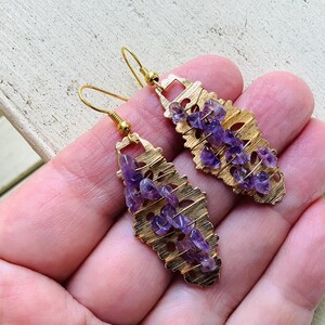 Amethyst Nugget Dangle Earrings: Gold Tone Wire Wrapped
