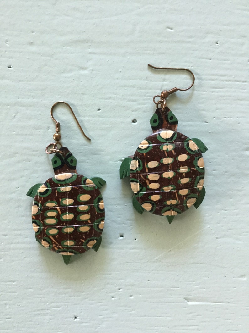 Coconut Shell Hand Carved Turtle Dangle Earrings