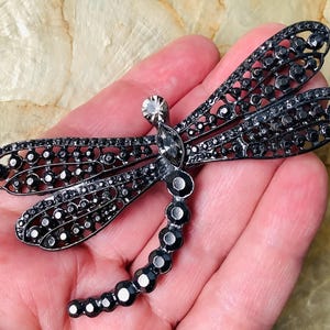 Large Black Dragonfly Brooch: Rhinestone Lapel Pin, Gift Box