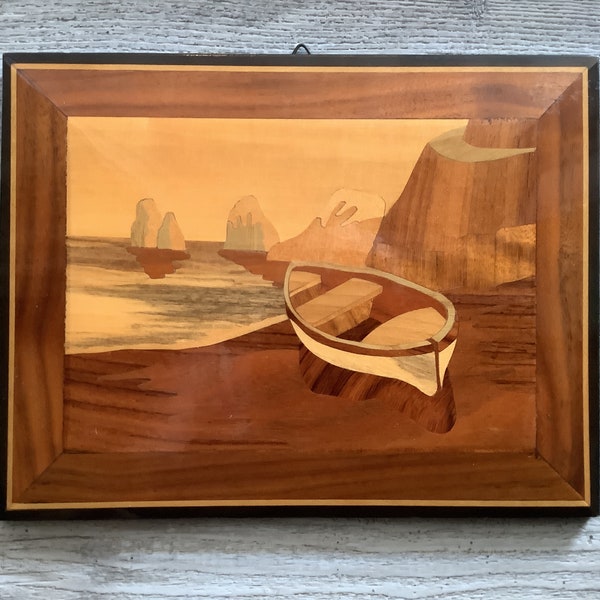 Vintage Inlaid Wood Picture of a Boat on the Isle of Capri Italy