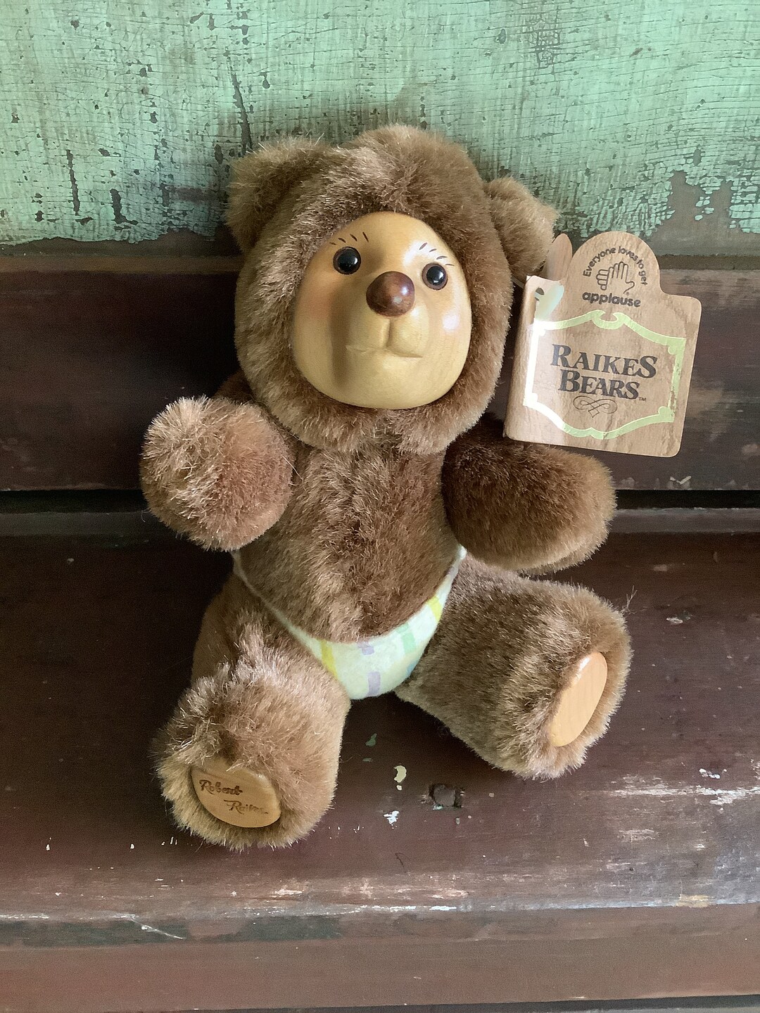 Raikes Bear robbie Brown Bear With Wood Face Signed 1990 Etsy