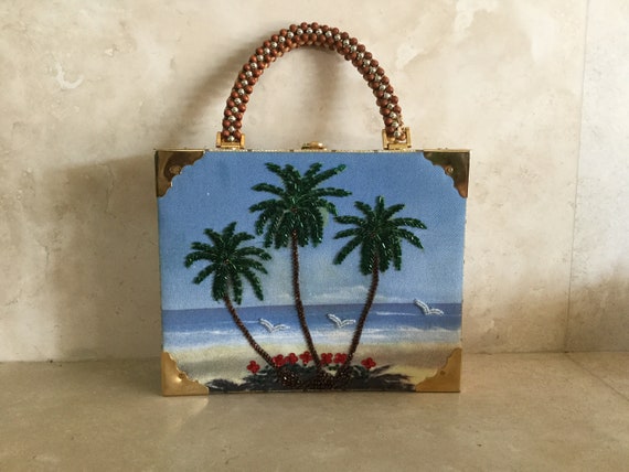 Barciano Cigar Box Purse with Beaded Palm Tree Sce