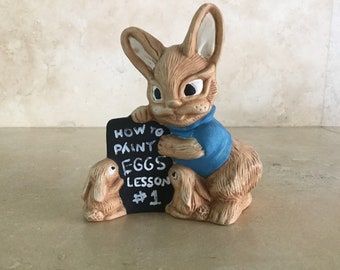 Whimsical Fun Ceramic Bunny with Chalkboard and 2 Baby Bunnies / Collectible Easter Bunnies Figurine