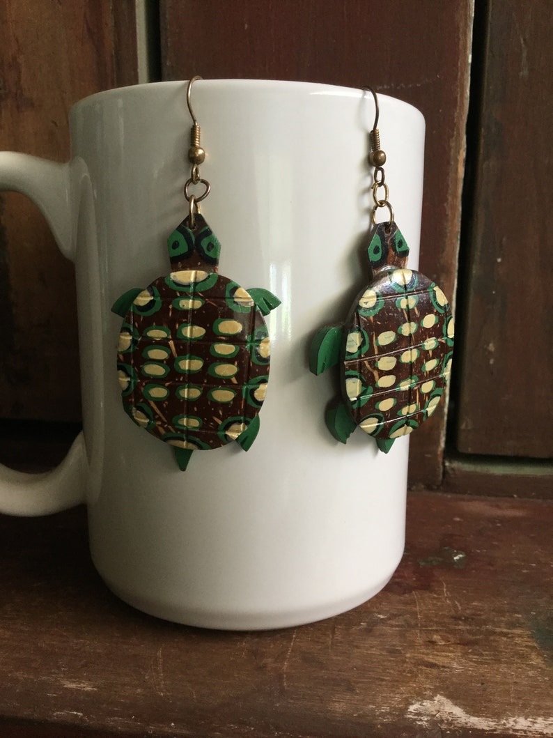 Coconut Shell Hand Carved Turtle Dangle Earrings