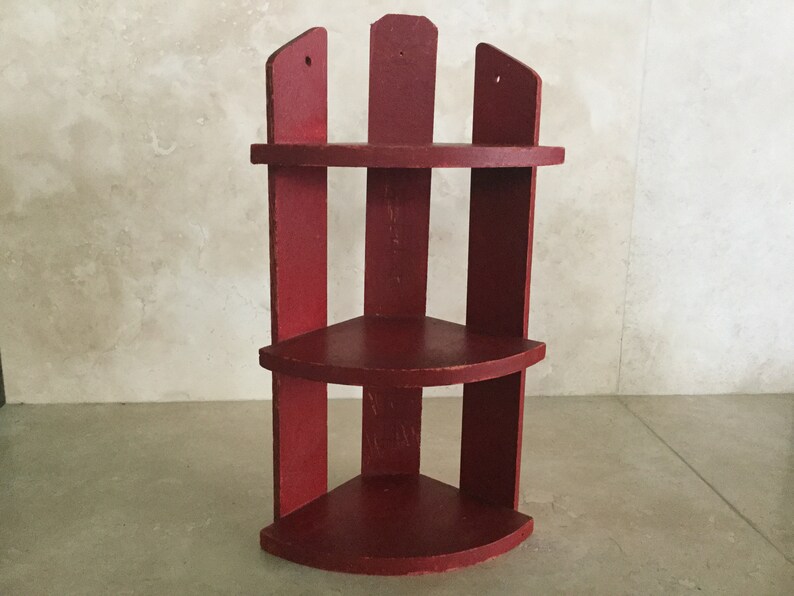 Vintage Red Painted Wooden Corner Shelf Hanging Or Free Image 0