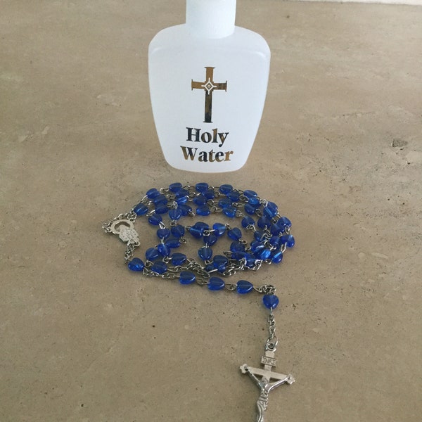 Vintage Blue Hearts Plastic Rosary Beads and Holy Water / Religious Items