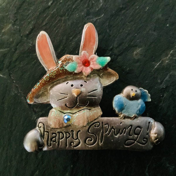 Vintage Happy Spring Easter Pin / Brooch by AJMC / Easter Bunny Pin