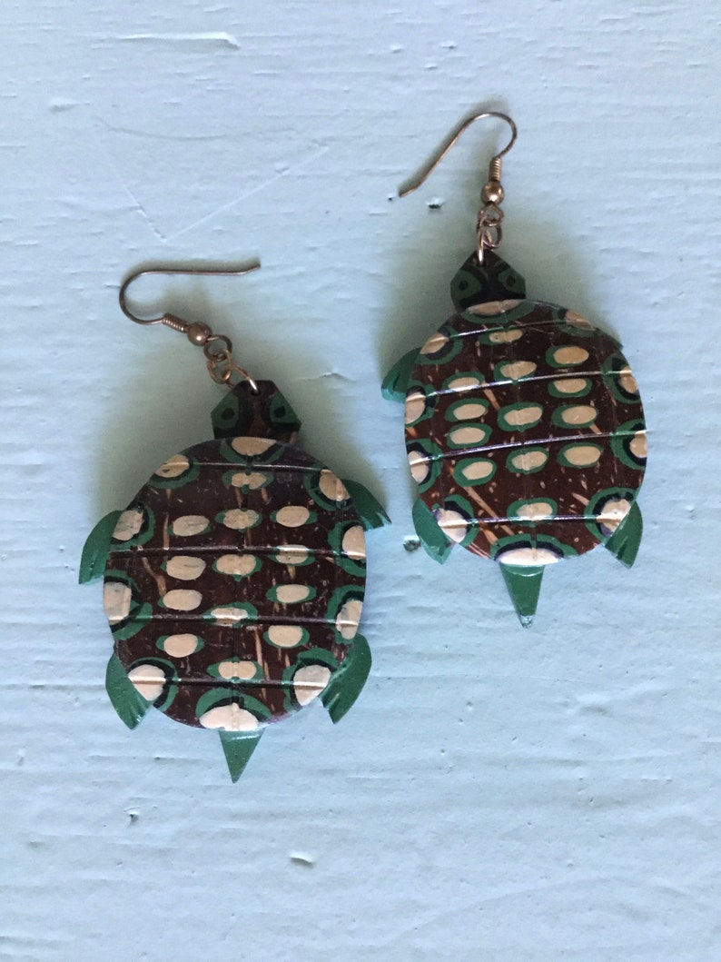 Coconut Shell Hand Carved Turtle Dangle Earrings