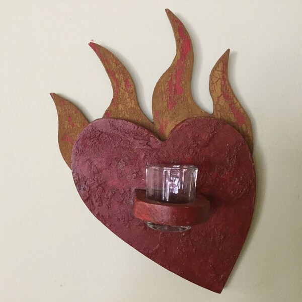 ON SALE. Handmade Flaming Heart Wood Wallhanging with Glass Votive / Home Decor