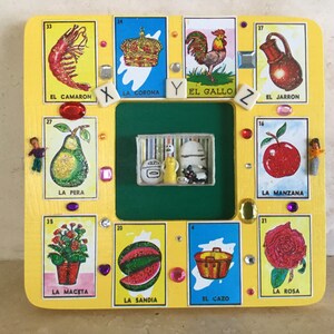 Handmade Picture Frame with A Matchbox Miniature Diorama,Worry Dolls, Loteria Cards and other fun things.