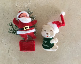 Set of 2 Adorable Retro Vintage Flocked Christmas Ornaments  / Dancing Santa and Merry Christmas Bear