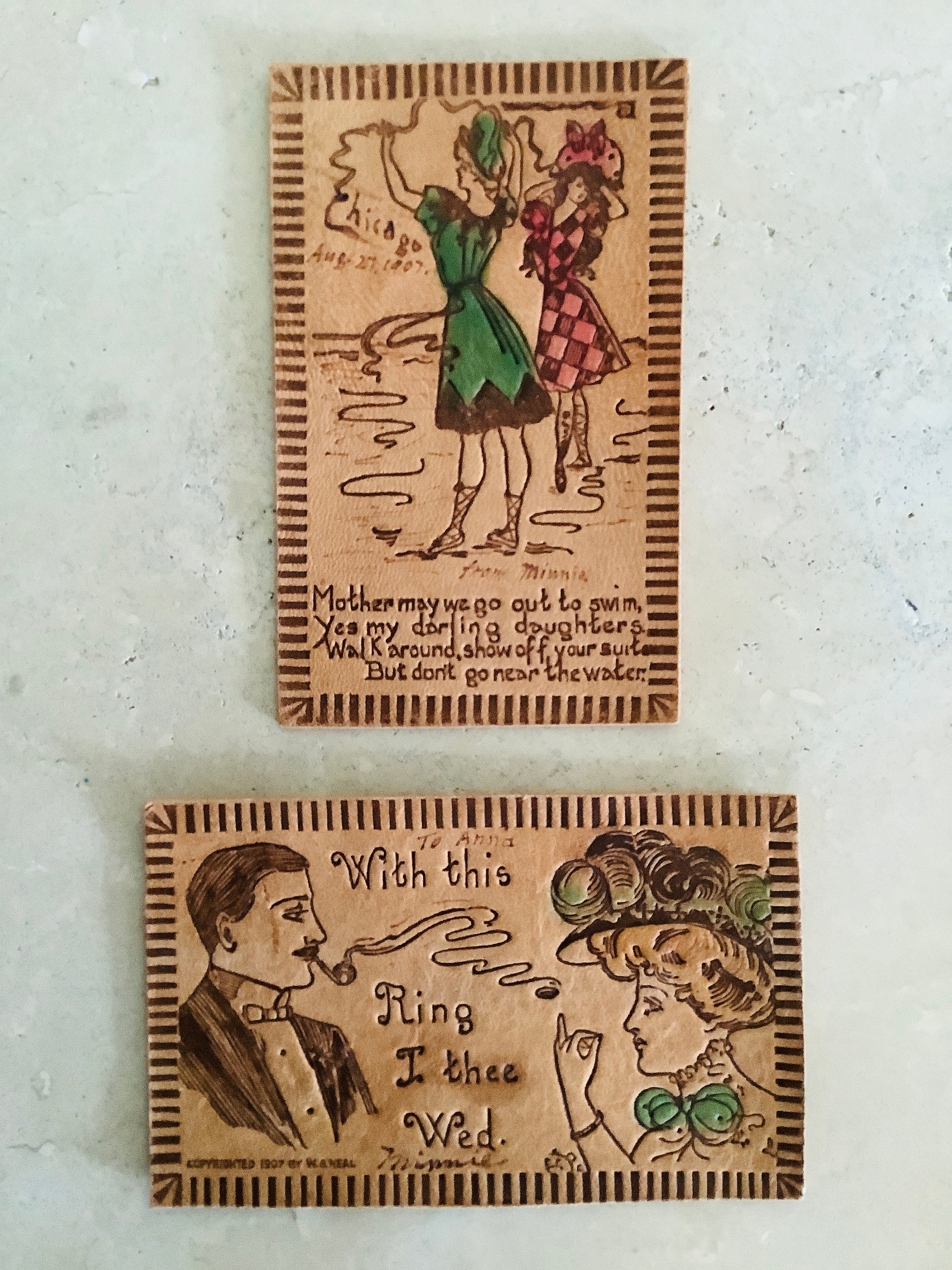 コレクション ANTIQUE STAMPS/POSTCARDS Vintage Stamped Leather Postcard From 1907, Priced Individually