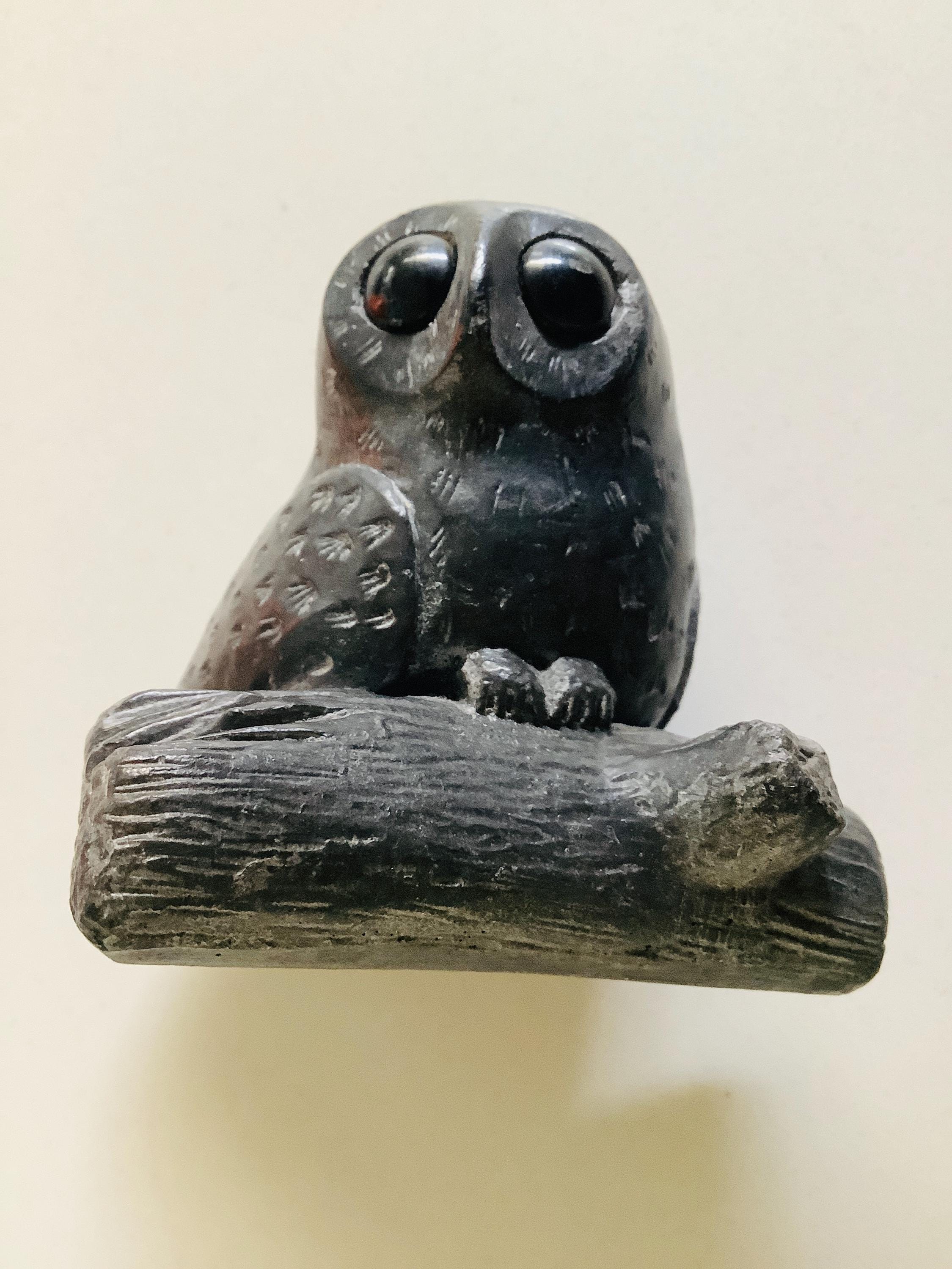 Vintage Soapstone Owl Sculpture by Wolf Original Handcrafted in Canada, Big Eyed Owl Figure