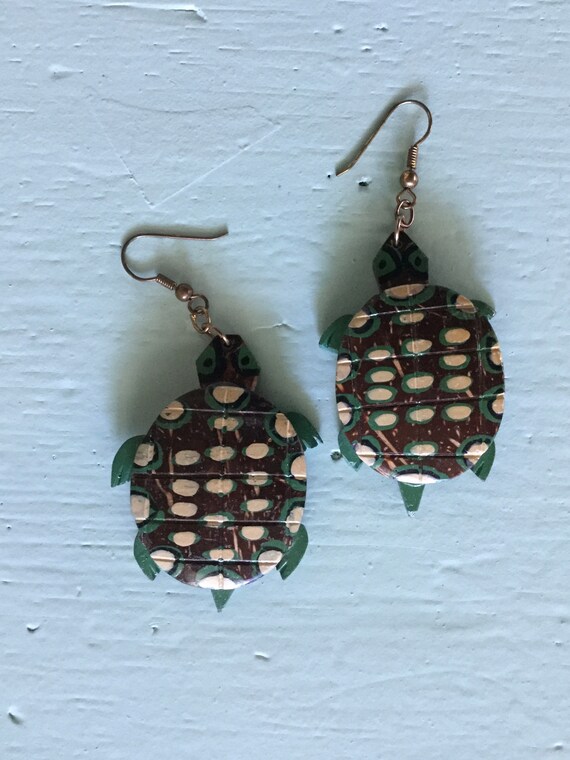 Coconut Shell Hand Carved Turtle Dangle Earrings