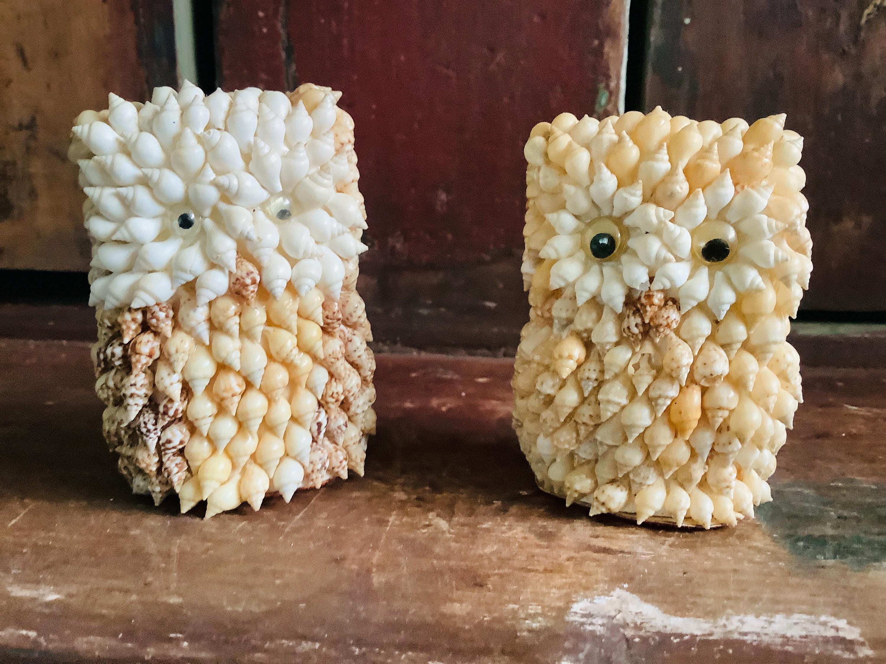 Seashell Covered Owl Figurines (Set of 2): Retro Beach Decor