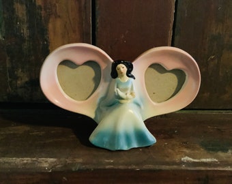 Ceramic Two Heart Picture Frame with Mother and Baby / Tabletop Picture Frame / Baby Shower Gift