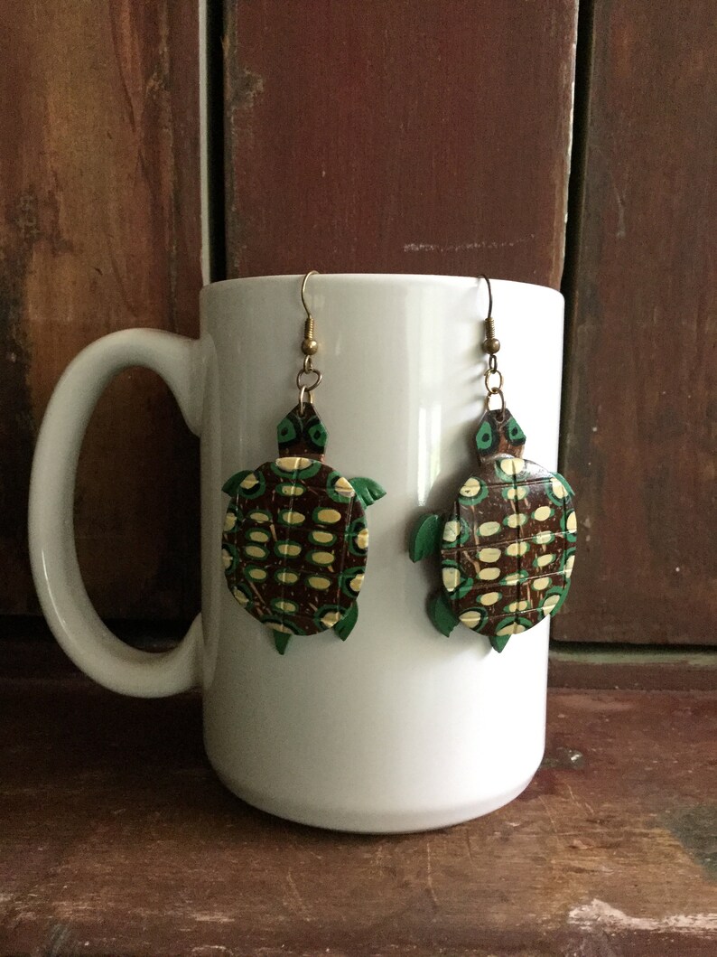 Coconut Shell Hand Carved Turtle Dangle Earrings