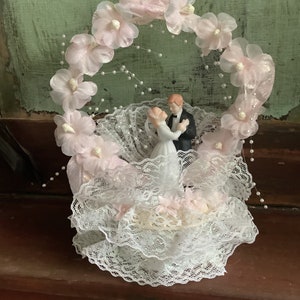 Bride and Groom Wedding Cake Topper: Glitter Lace, Faux Pearls, Pink Flowers