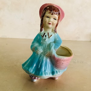 Vintage Ceramic Girl Planter with Basket Circa 1950