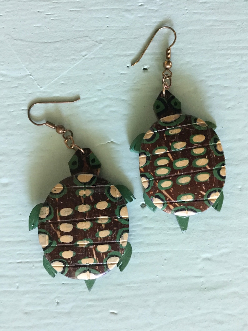 Coconut Shell Hand Carved Turtle Dangle Earrings