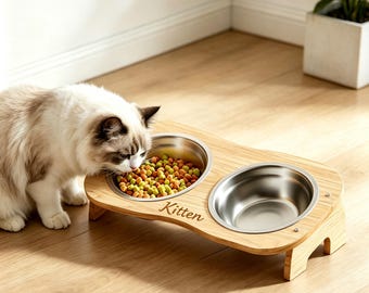 Custom Engraved Solid Wood Elevated cat Bowl Stand with Stainless Steel Bowls, Tilted Raised Cat Feeder,Personalized Name cat Food Bowl